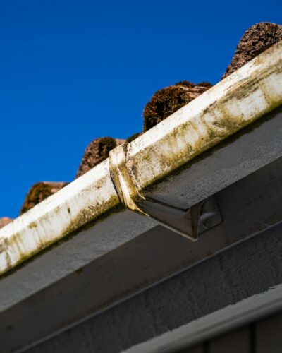 Dirty gutters and roof against a blue sky.