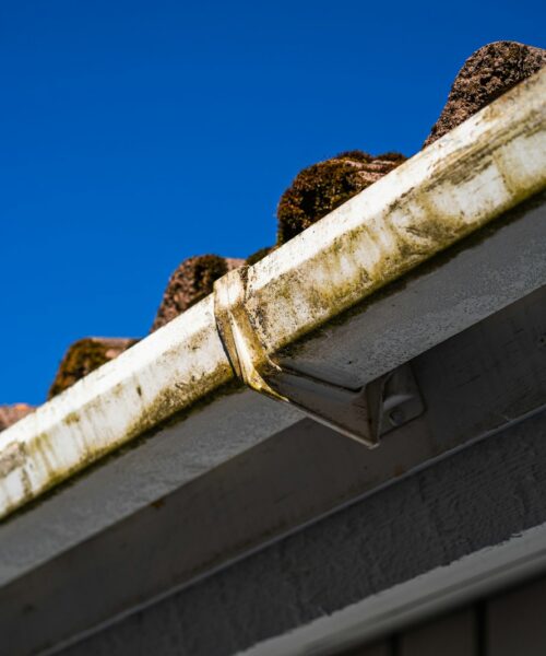 Dirty gutters and roof against a blue sky.